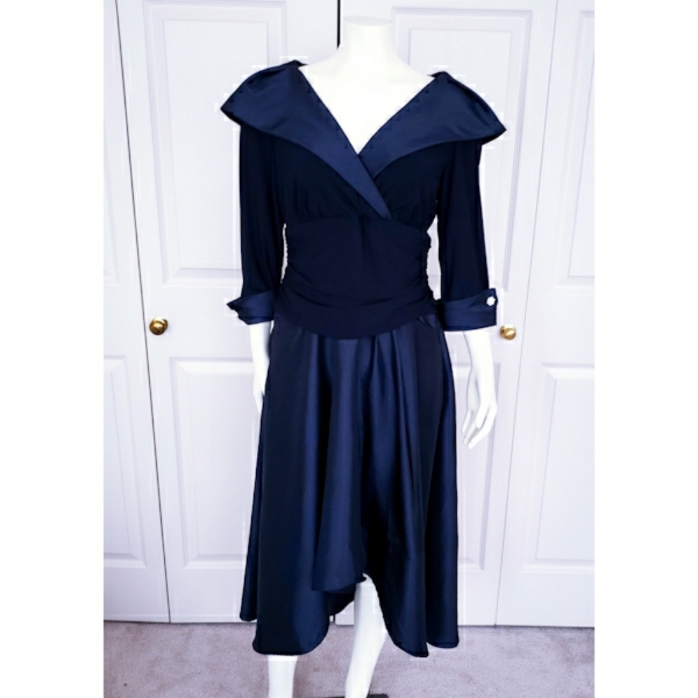 Laura Navy Blue Shawl Collar Cocktail Dress